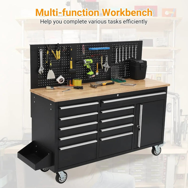 Heavy Duty 61" Tool Chest Cabinet, Mobile Garage Workbench with 10 Drawers and Power Strip, Rubber Wood Worktop, 1675 LBS Load, Rolling Tool Storage Organizer for Mechanic, Shop or Home Use by GreenHaven Gardens