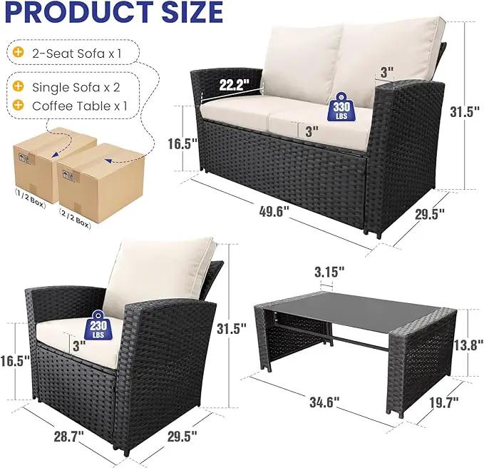 4 Piece Outdoor Patio Furniture Set,Wicker Conversation Sets Outdoor Sectional Patio Sofa Couch with Cushions & Coffee Table for Outside, Garden, Balcony, Porch,Black/Beige by GreenHaven Gardens