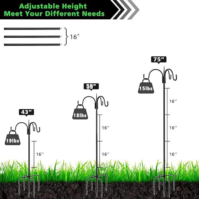 FEED GARDEN [Upgrade Version 76 Inch Three Shepherd Hooks for Outdoor,Bird Feeder Pole with 5 Prong Base, Adjustable Shepard Hooks for Hanging Plant, Solar Lanterns, Wind Chimes, 2 Pack by GreenHaven Gardens