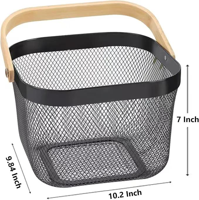 Metal Mesh Steel Basket, Storage Organizer Basket Multi-functional Hanging Kitchen Baskets Fruit Basket Bin with Bamboo Handle for Kitchen Bathroom Picnic Shopping Decor Cabinet Home, Black by GreenHaven Gardens