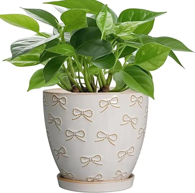 Ceramic Plant Pot 6.9 Inch - Ceramic Planter with Drainage Hole and Saucer Round Planter Flower Pot for Indoor Plants Outdoor Home Garden Office Decor White by GreenHaven Gardens