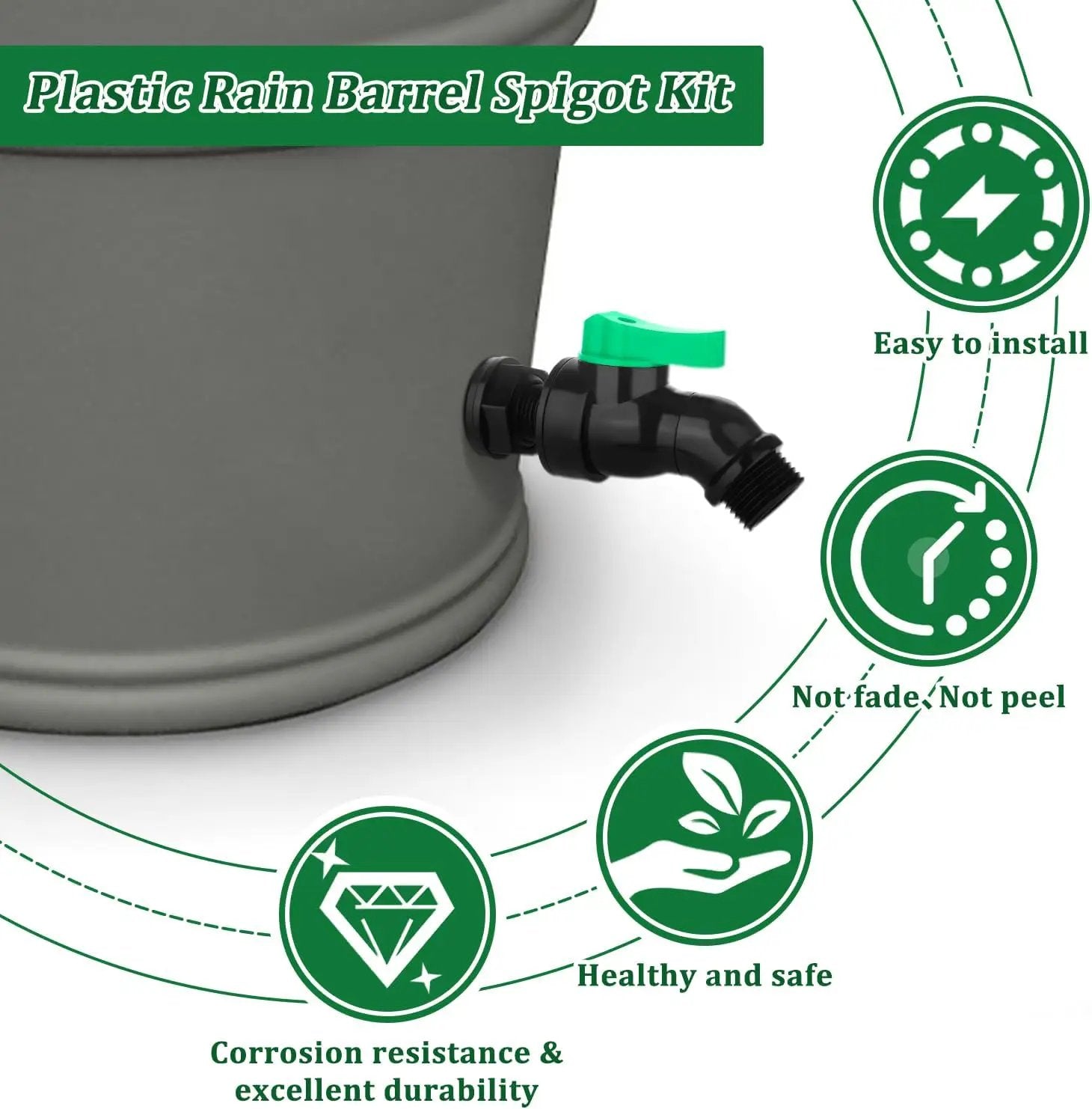 Plastics Rain Barrel Spigot Kit High Flow Valve Core Water Tank Faucet+PVC Bulkhead Fitting 1/2" NPT to 3/4" GHT Rain Barrel Spigot for Plastic Bucket Rainwater Drum Container Downspout Collector in by GreenHaven Gardens
