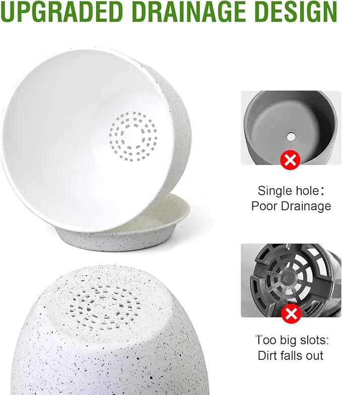 9/8/7.5 inch Flower Pots, Set of 3 Modern Decorative Plastic Planters with Drainage Holes and Saucers for Garden House Plants, Plant Pots for Indoor Outdoor Plants, Speckled White by GreenHaven Gardens