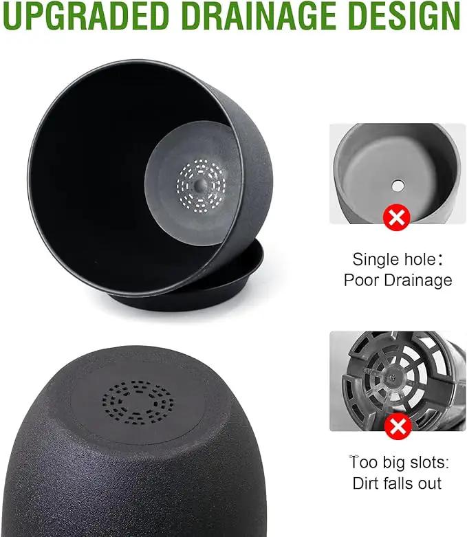 9/8/7.5 inch Plant Pots, Set of 3 Modern Decorative Plastic Planters with Drainage Holes and Tray, Flower Pots for Indoor Outdoor Plants, Black by GreenHaven Gardens