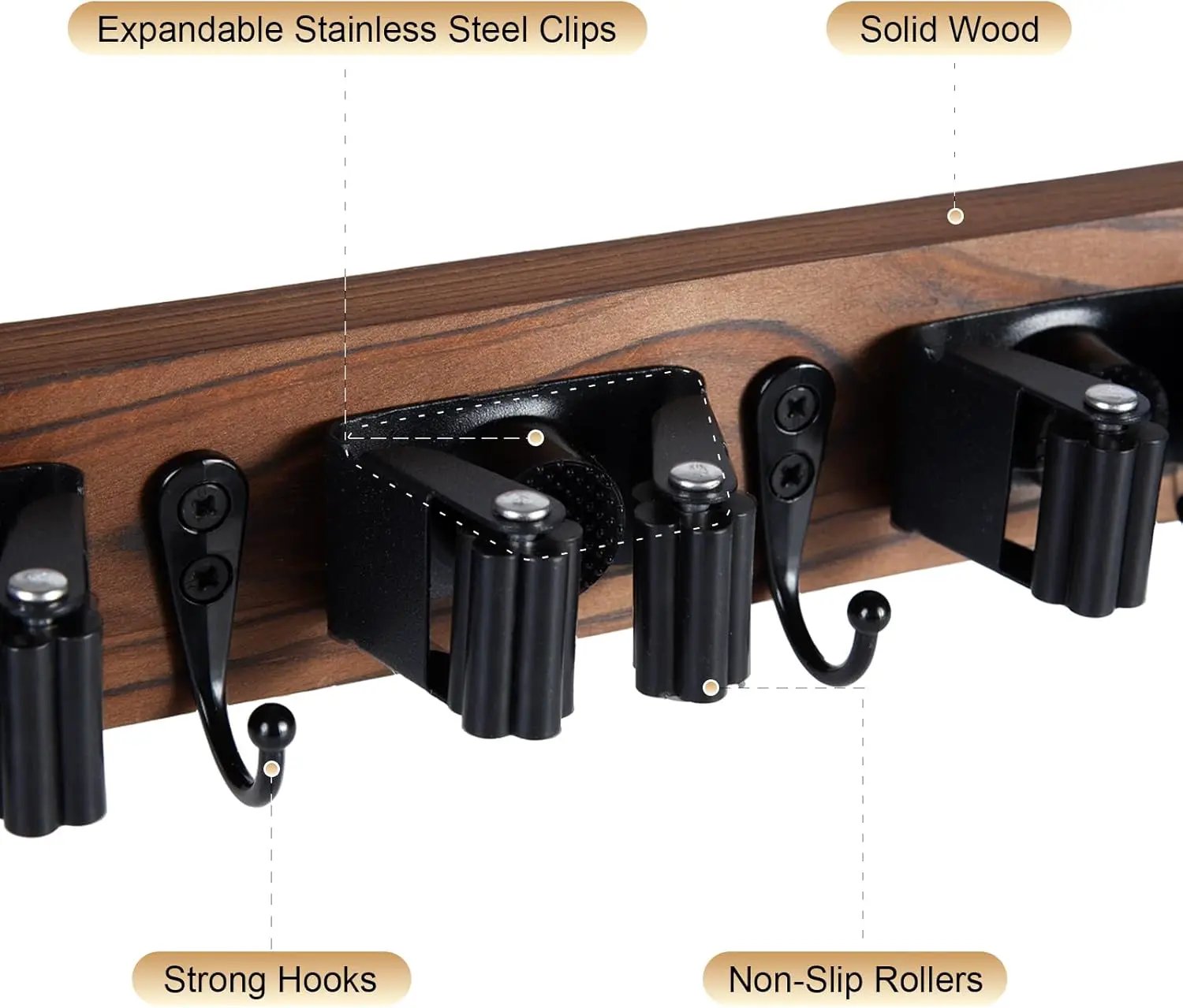 Broom Holder Wall Mount With 5 Slots & 4 Hooks，Rustic Wood Broom & Mop Hanger，Wall Mounted Garden & Garage Tool Storage Organizer Rack for Closet Laundry Room or Kitchen Wall Decor by GreenHaven Gardens