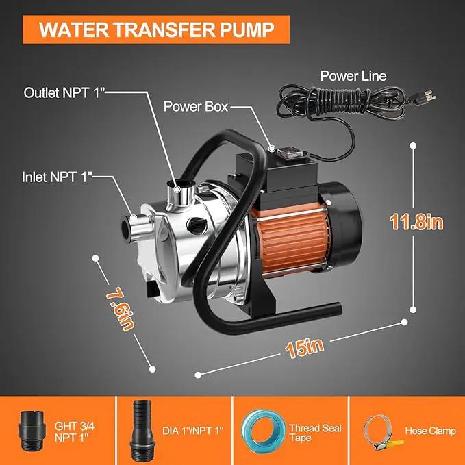 1.5 HP Portable Water Transfer Pump 1500 GPH Shallow Well Pump Garden Booster Sprinkler Pumps for Irrigation Lawn Farm Water Removal with Adapters, Orange by GreenHaven Gardens