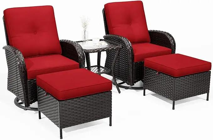 Joyside 5 Piece Patio Furniture Set, Outdoor Swivel Chair Sets with Thick Cushion and Ottoman, Wicker Patio Conversation Set for Porch, Deck Use (Brown/Red, 5 PCS) by GreenHaven Gardens