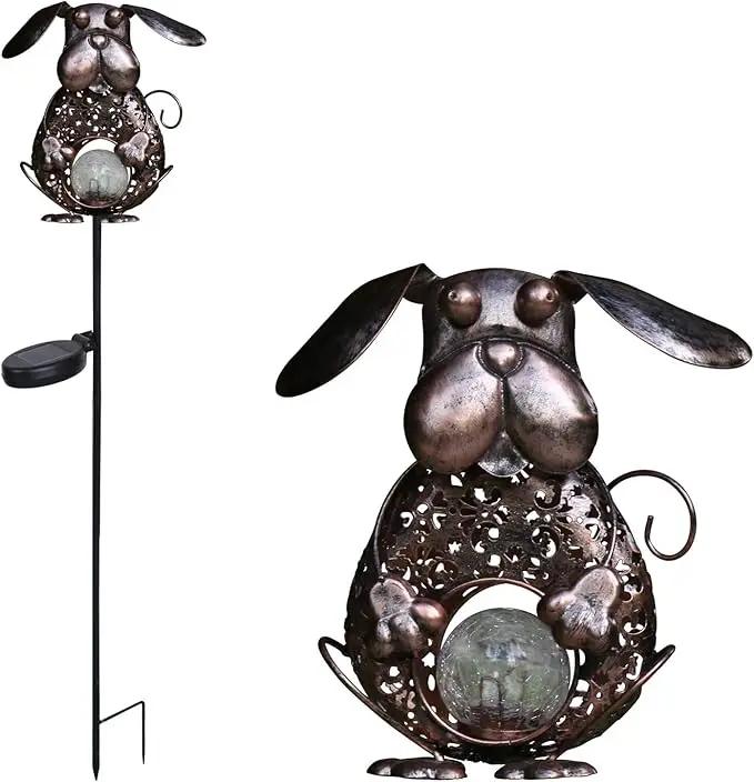 KAIXOXIN Garden Solar Lights Metal Dog Crackle Glass Globe Stake Light,Waterproof Warm White LED Solar Path Lights (Dog-Bronze) by GreenHaven Gardens