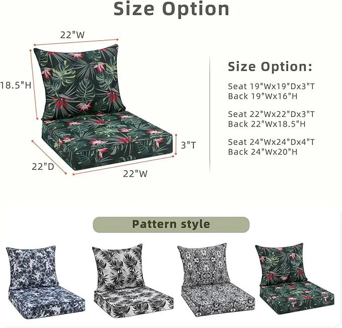 Favoyard Outdoor Seat Cushion 24 x 24 x 4 in Waterproof Pattern Fade Resistant Cover Removable Patio Furniture Cushions Deep Seat & Back Cushion Set with Adjustable Straps for Patio Chair Sofa Couch by GreenHaven Gardens