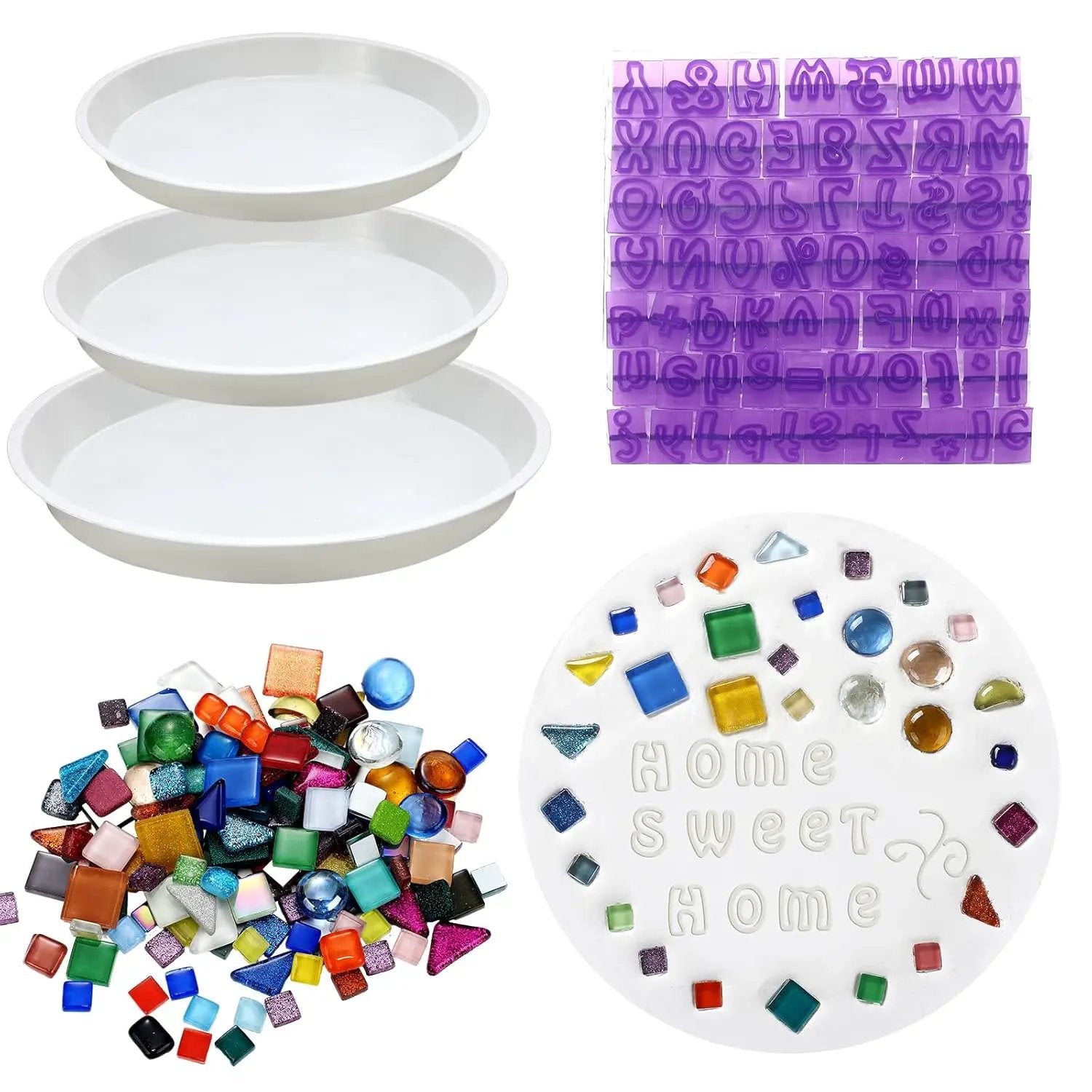 5 Pcs 3 Size Stepping Stone Kit for DIY Outdoor Garden Stepping Stone Includes Cement Molds Mosaic Tiles and Concrete Letter Stamps No Concrete Mix(White) by GreenHaven Gardens