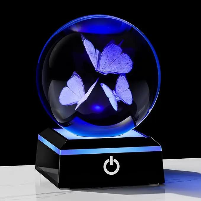 Qianwei Butterfly Gifts for Women 3D Crystal Ball 3.14'' - 80mm Laser Decor Glass Animals Figurines Statue for Room Decorations Night Light by GreenHaven Gardens