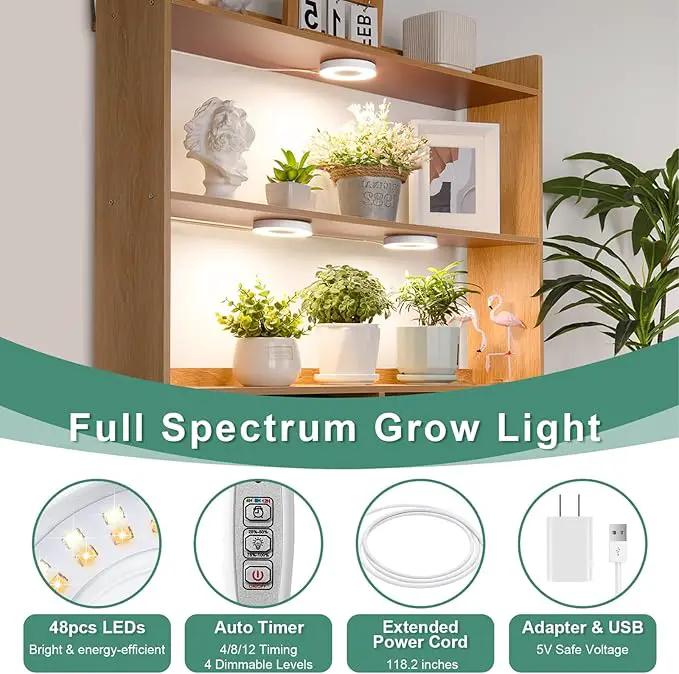 LORDEM Grow Light for Indoor Plants, 48 LEDs Ceiling Full Spectrum Plant Light, 5V Corded Growing Lamp with 4/8/12H Auto Switch, 4 Dimmable Brightness Levels, Single-Head, 3 Pack by GreenHaven Gardens