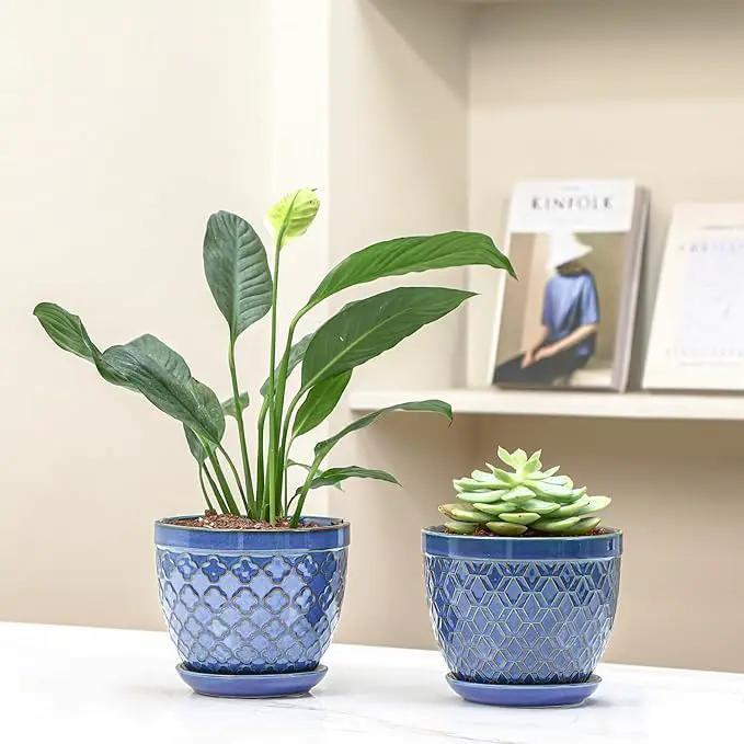Sureasy Ceramic Indoor Plant Pots - 5.6 Inch Flower Pots for Plants with Drainage Hole and Saucer, Embossed Planter for Succulents, Orchid, Cactus, Indoor Home Decor, Set of 4, Blue by GreenHaven Gardens