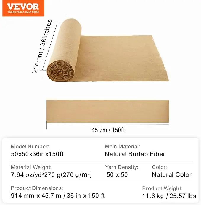 VEVOR Burlap Fabric Roll, 36” x 150 ft High Density Natural Jute Fiber Material for Outdoor Plant Care, Tree Wrap Roll, Decor, DIY Crafts, Wedding, Garden Weed Barrier, Plants & Trees Winter Covering by GreenHaven Gardens