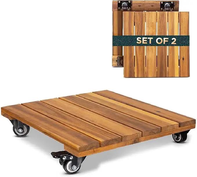 2pack Wood Plant Caddy With Wheels Heavy Duty, 264 Lbs Capacity, 12 Inch Acacia Hardwood Plant Dolly, Plant Stand with 360° Lockable Wheels for Plant Pots, Heavy Objects Hauling - Natural Wood by GreenHaven Gardens