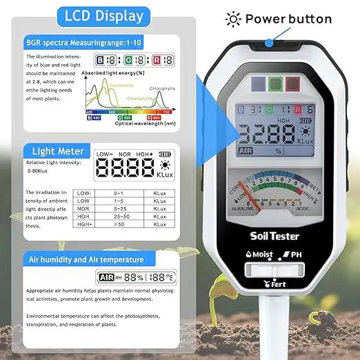 Soil Moisture Meter, 7-in-1 Soil PH Tester/Soil Moisture/Fertility with Removable Probe, LCD Display Air Temp/Air Humidity/Sunlight Intensity/BGR Spectral for Plants Garden, Lawn,Indoor Outdoor Plants by GreenHaven Gardens