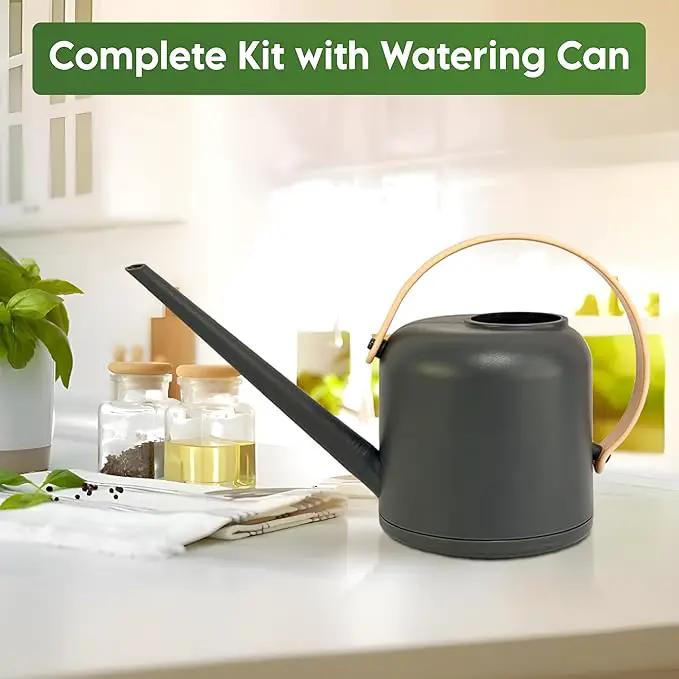 Indoor Garden Kit - Plant Pots with Drainage, Watering Can & Tools - Ideal Windowsill Planter Set - Modern Home & Kitchen Decor Gift - Black by GreenHaven Gardens