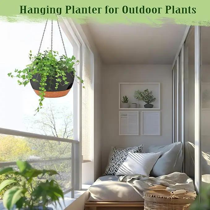 Hanging Planters for Outdoor Indoor Plants, 2 Pack 12 Inch Hanging Basket Plants Outdoor, Self Watering Hanging Planter with Plant Hanger for Garden Home Decoration (Black) by GreenHaven Gardens