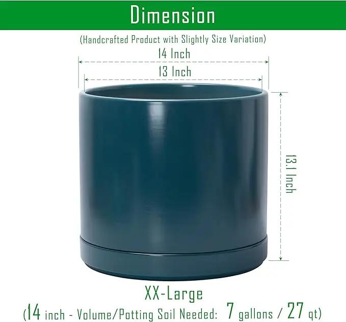 D'vine Dev 14 Inch Ceramic Planter Pot with Drainage Hole and Saucer, Indoor Cylinder Round Planter Pot, Teal, 94-O-G-9 by GreenHaven Gardens