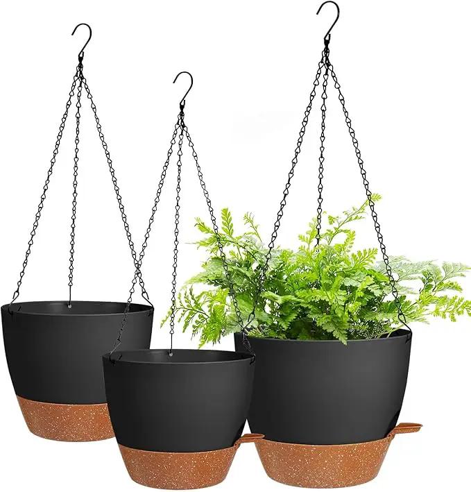 10/9/8 Inch Hanging Planter for Indoor Outdoor Plants, 3 Pack Self-Watering Hanging Pot with Drainage Holes Hanging Planter Baskets Plant Pots with Removable Tray (Black+Brown) by GreenHaven Gardens