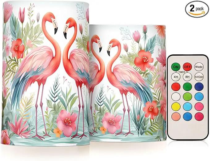 Flickering Flameless Candles, Pink Flamingo Print LED Candles with Remote Timer, Set of 2 Battery Operated Candle for Valentine Wedding Birthday by GreenHaven Gardens