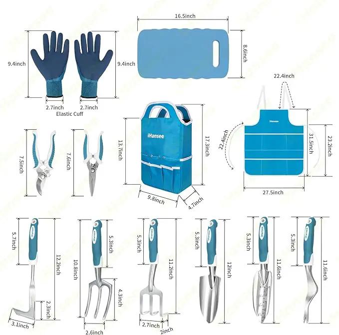 Blue Garden Tool Sets 12-Piece, Aluminum Gardening Hand Tools w/Ergonomic Handle, Garden Supplies Organizer Handbag, Kneeling Pad, Apron and Gloves, Gift for Women, Garden Starter Kit for Women by GreenHaven Gardens