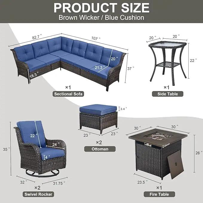 Outdoor Sectional Furniture Sofa Set with Propane Fire Pit Table, Wicker Patio Conversation Set with 2 Swivel Rocker Glider Chairs Blue Cushion Perfect for Backyard Casual Gathering by GreenHaven Gardens