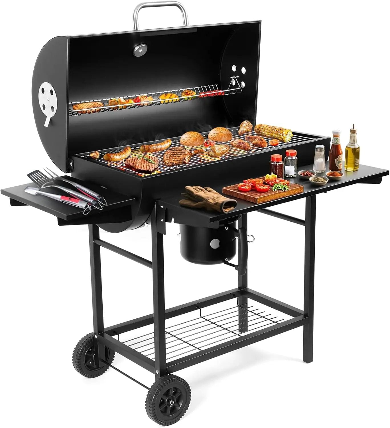 Charcoal BBQ Grills Outdoor: Spacious Barrel Barbecue Grill with Side Front Table - Premium BBQ Smoker Combo for Backyard Cooking Patio Grilling Tailgating Party Camping Picnic by GreenHaven Gardens