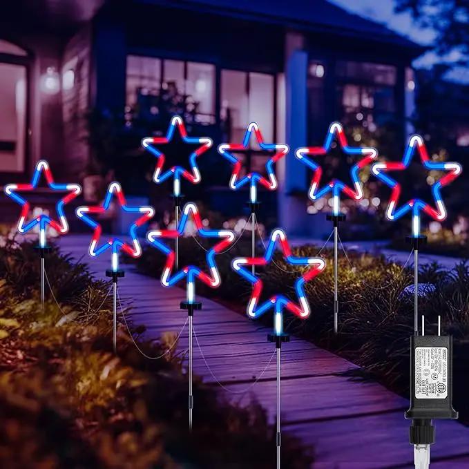 Brightown Red White and Blue Lights, 4th of July Decorations Outdoor, 8 Large Neon Star Pathway Lights Plug in, Patriotic Decorations Fourth of July Decor for Independence Day Garden Yard Outside by GreenHaven Gardens