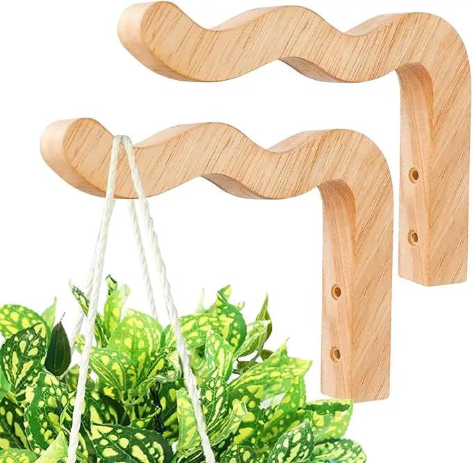 FGSAEOR Plant Hangers Outdoor, Hanging Plant Hooks for Indoors, Wave-Shaped Wooden Hanging Baskets for Wall Plant Hooks Heavy Duty for Flower Pots Wind Chimes and Bird Feeders (2-Pack, 6.8-Inch) by GreenHaven Gardens