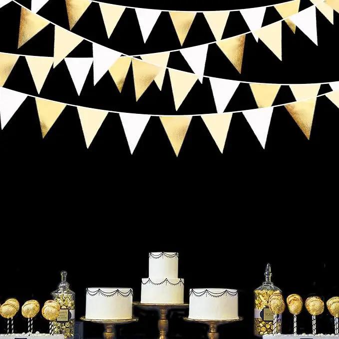White and Gold Party Decorations Gold Beige White Fabric Triangle Pennant Banner Flag Bunting Garland for Graduation Wedding Birthday Bridal Shower Anniversary Engagement Baptism Party Supplies by GreenHaven Gardens