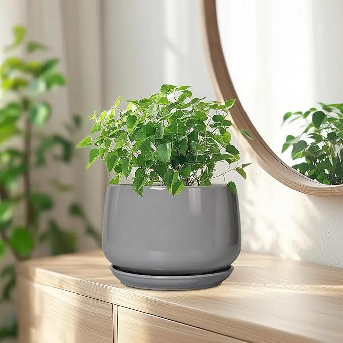 G EPGardening Modern Ceramic Planter - 7 Inch Round Modern Plant Pot Indoor with Drainage and Ceramic Tray Indoor Outdoor for Flower, Vanity Decor, Birthday Gifts, Grey by GreenHaven Gardens