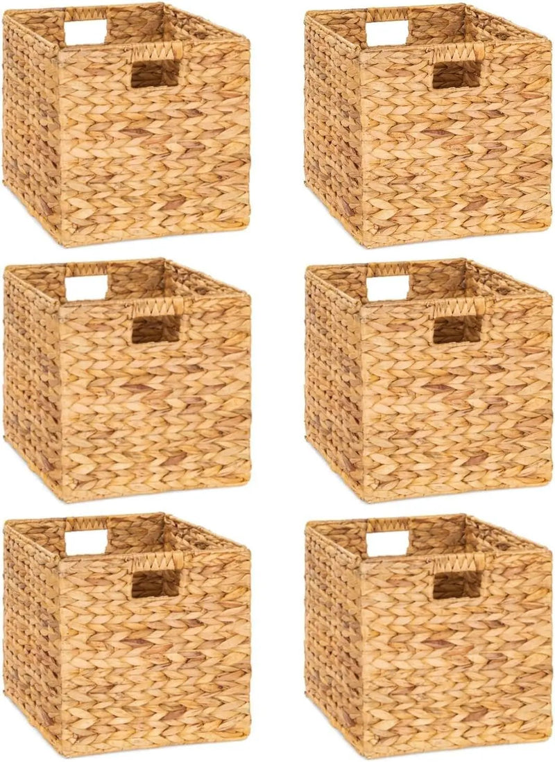 10.5 x 10.5in Wicker Storage Baskets for Shelves, Water Hyacinth Storage Baskets, Woven Baskets for Storage, Wicker Storage Basket for Bedroom, Living Room (6 Packs 10.5x10.5in) by GreenHaven Gardens