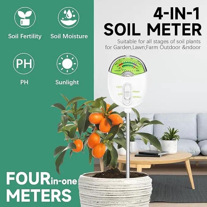 4-in-1 Plant Soil Tester with pH, Moisture, Fertility & Light Meter, Rotatable Dial Soil Test Kit, No Battery Required for Garden, Lawn, Farm, Indoor & Outdoor Plants, White by GreenHaven Gardens