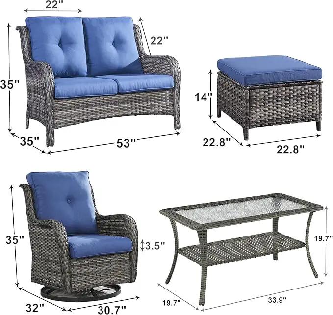 Outdoor Wicker Patio Furniture Set - 6 Piece Rattan Patio Conversation Set with 2 Rocking Swivel Chairs,2 Ottomans,1 Loveseat and 1 Coffee Table for Porch Deck Backyard Garden(Mixed Grey/Blue) by GreenHaven Gardens