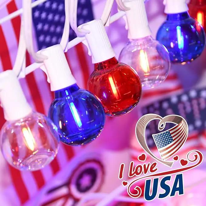 G40 LED Red White and Blue Lights, 27.8 FT 4th of July Lights Plug in with 25+3 Bulbs, Patriotic Decorations Outdoor String Light for Memorial Day Independence Day Patio Garden Backyard Bistro Decor by GreenHaven Gardens
