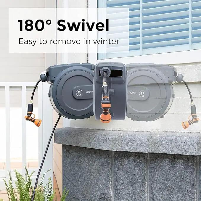 Giraffe Tools Retractable Hose Reel 5/8" x 90 ft Wall Mounted Garden Hose Reel Heavy Duty, Automatic Rewind, 180 Deg Swivel, Any Length Lock, 9 Pattern Nozzle, 90 ft, Dark Grey by GreenHaven Gardens