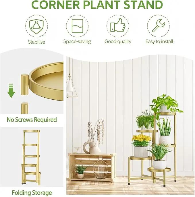 iDavosic.ly 5 Tier Large Plant Stand Indoor, 10 Inch Wide Tall Corner Metal Plant Stands Outdoor for Multiple Plants, Folding Tiered Flower Display Holder Rack Shelf, Gold by GreenHaven Gardens