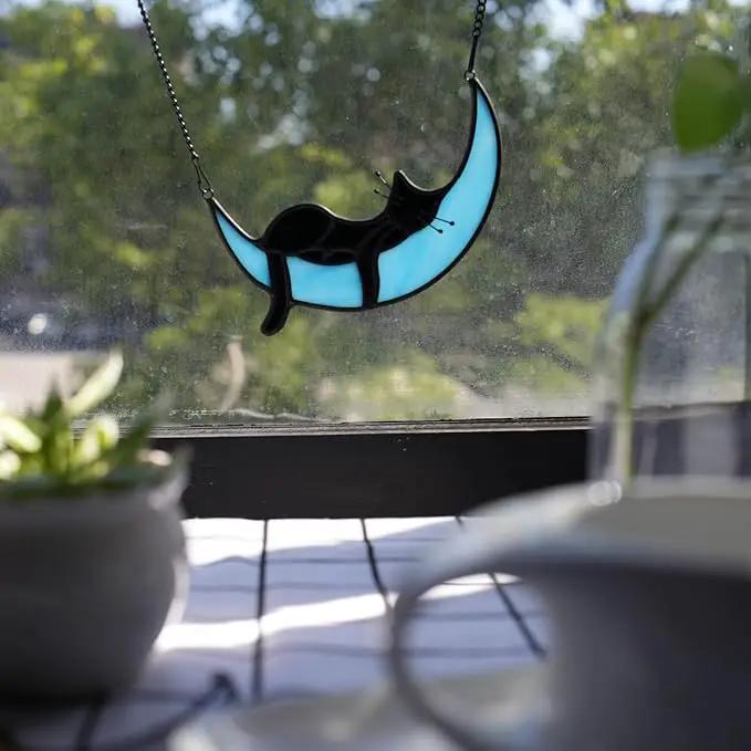 BOXCASA Sleeping Cat Stained Glass Windown Hanging,Black Cat on Moon Beautiful Handcrafted Sun Catcher Gifts for Daughter,Mothers Day,Christmas and Cat Lover by GreenHaven Gardens