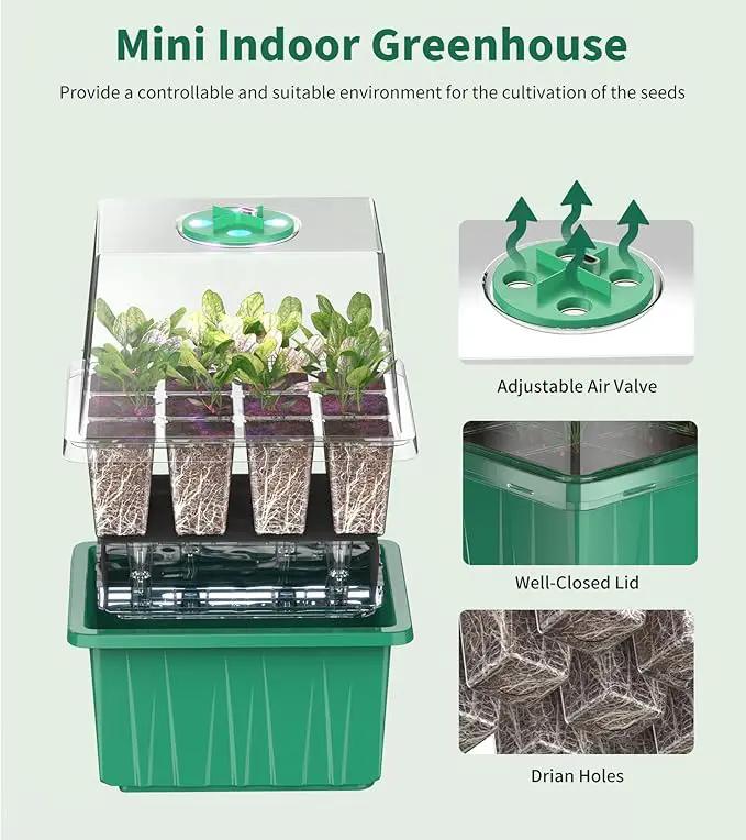 Seed Starter Tray, 60-Cells Seedling Starter Trays with Grow Light, Self-Watering Seed Germination Kit for Indoor Gardening Seed Starting (5 Pack, Green Base) by GreenHaven Gardens