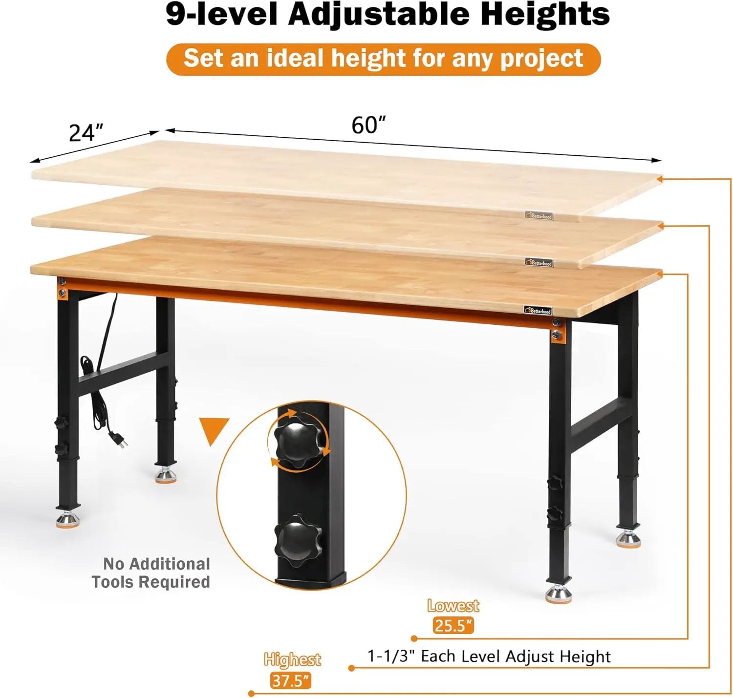 Adjustable Height Workbench, 60" Rubber Wood Top Heavy Duty Workstation with Power Outlets, 2000 LBS Load Capacity Hardwood Worktable for Workshop, Garage, Office, Home, Commercial by GreenHaven Gardens