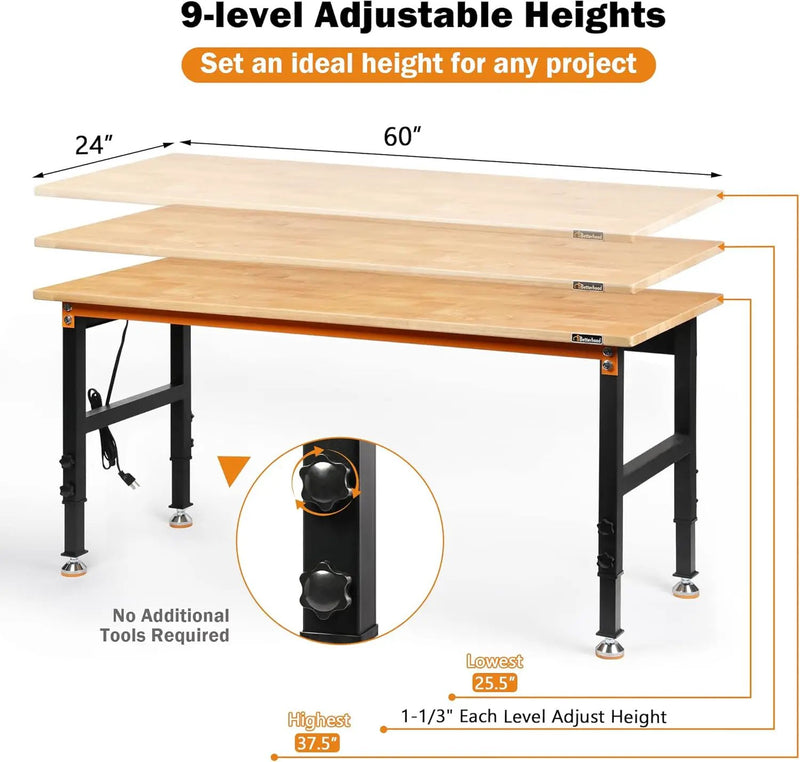 Adjustable Height Workbench, 60" Rubber Wood Top Heavy Duty Workstation with Power Outlets, 2000 LBS Load Capacity Hardwood Worktable for Workshop, Garage, Office, Home, Commercial by GreenHaven Gardens