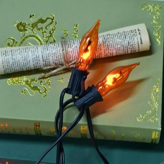 Halloween Lights Flickering Flame String Lights with 12 Pack C7 Orange Flame Light Bulbs (2 Spare), 12.8Ft Orange Flame String Lights for Indoor Outdoor Home Party Yard Halloween Decorations by GreenHaven Gardens