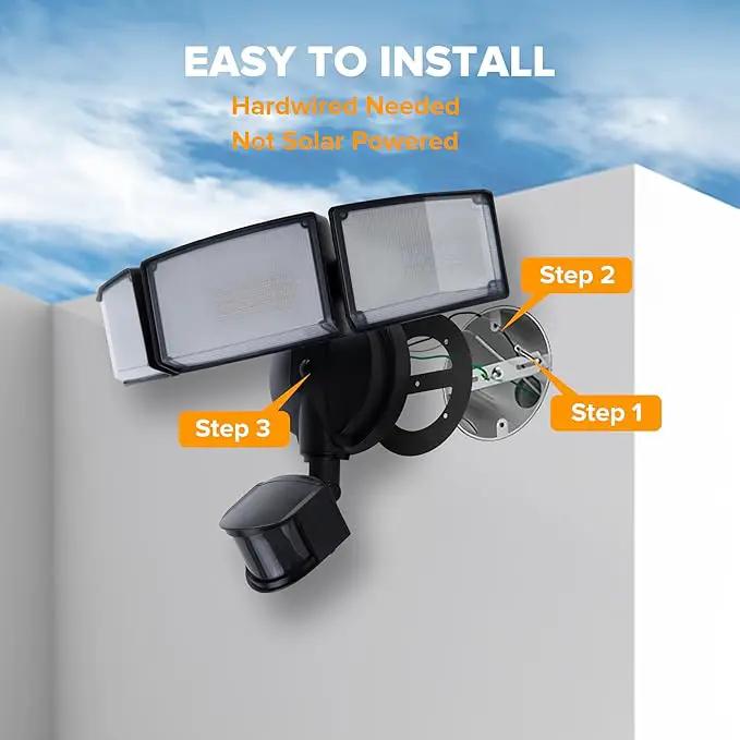 UME 49W LED Security Lights Motion Sensor Light Outdoor, 5000K Daylight, IP65 Waterproof, Dusk to Dawn, 3 Head Motion Detected Flood Light for Garage, Yard, Porch (Black) by GreenHaven Gardens