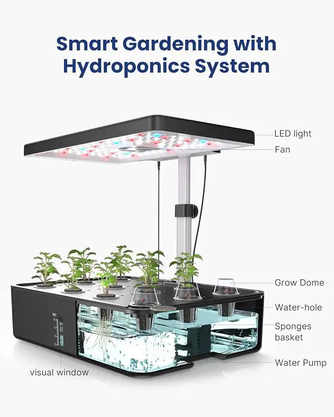 iDOO Hydroponics Growing System Kit 12Pods, Gardening Gifts for Women Mom, Indoor Herb Garden with LED Grow Light, Built-in Fan, Auto-Timer, Adjustable Height Up to 11.3", 12Pods-Black by GreenHaven Gardens