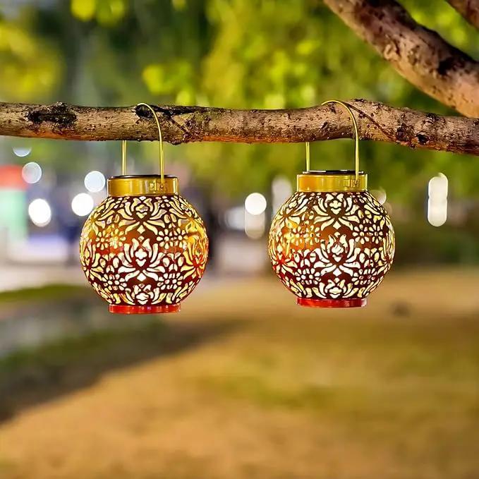 2 Pack Outdoor Solar Hanging Lantern Lights Metal LED Decorative Lamp for Garden Patio Courtyard Lawn and Table with Hollowed-Out Design (Sunset Blaze) by GreenHaven Gardens