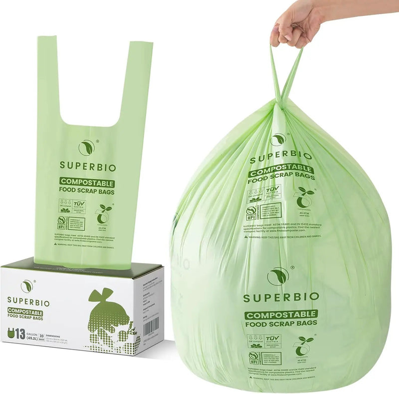 SUPERBIO 13 Gallon Compostable Kitchen Waste Bags with Handles, Food Scrap Bags Certified by BPI, OK compost INDUSTRIAL, 30 Count, 49.2L by GreenHaven Gardens