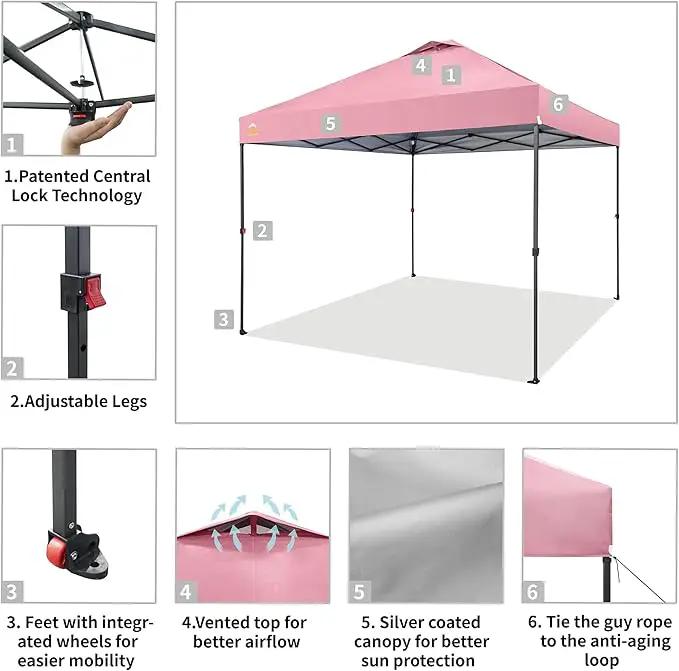 CROWN SHADES 10x10 Pop Up Canopy Tent - Patented Center Lock One Push Instant Outdoor Canopy Beach Tent with STO-N-Go Bag 8 Stakes & 4 Sand Bags，Pink by GreenHaven Gardens
