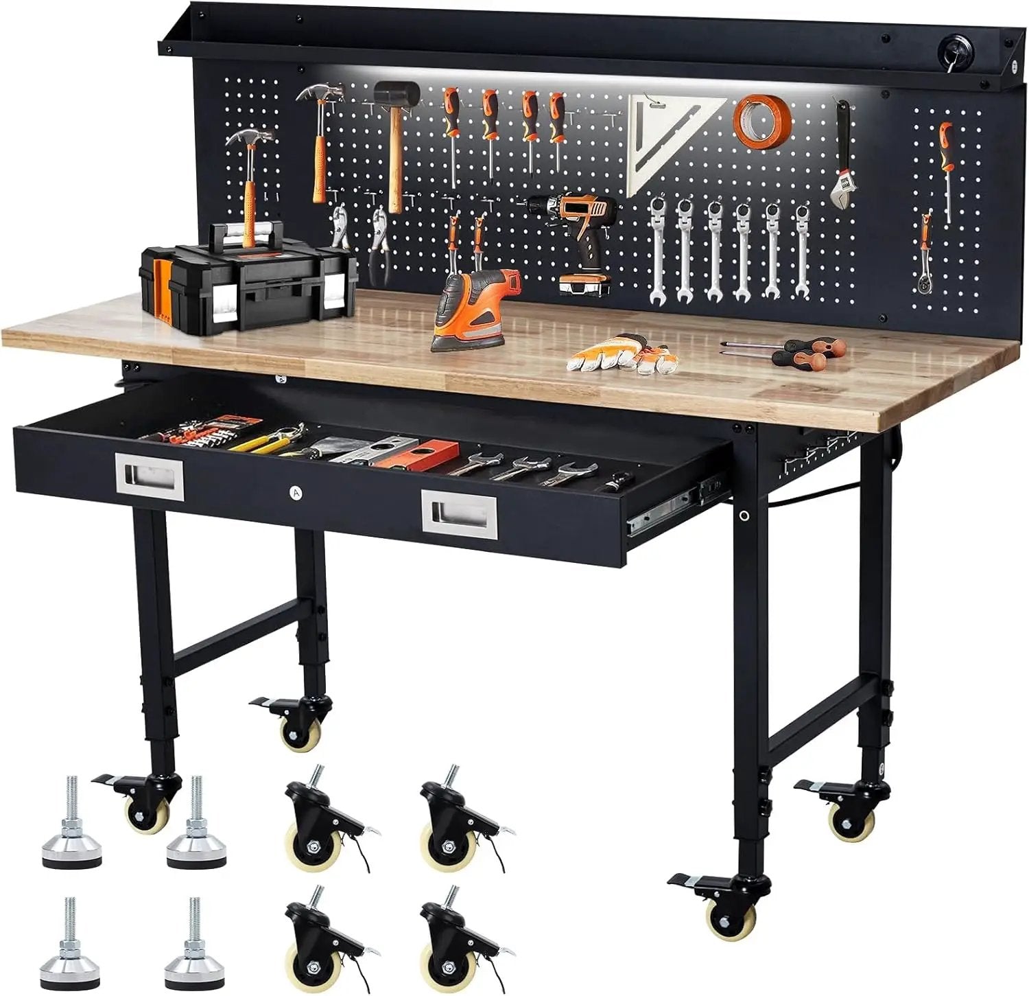 60'' Adjustable Workbench, Heavy Duty Workbench with Drawer and Backplate, 2000 LBS Capacity Work Table with Power Outlet and Lockable Wheels, Suitable for Office, Garage, Workshop by GreenHaven Gardens