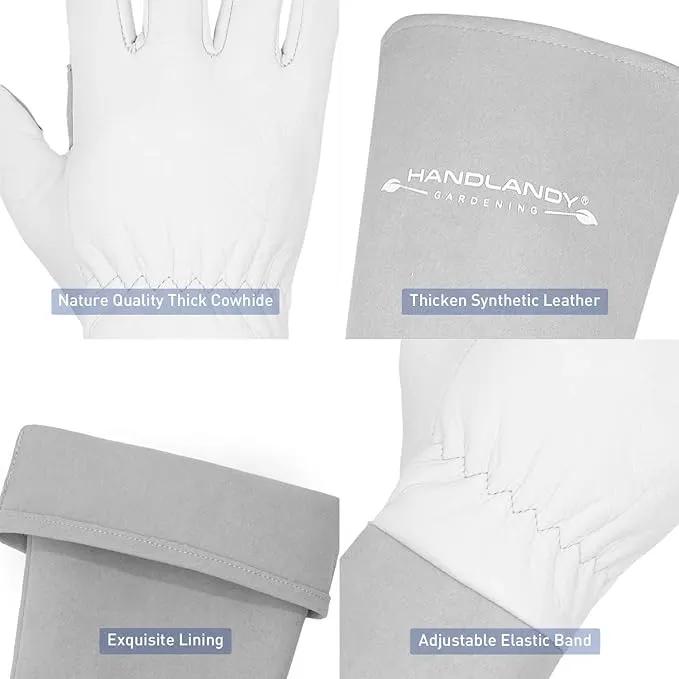 HANDLANDY Long Gardening Gloves for Men & Women, Thorn Proof Rose Pruning Gloves Leather Gauntlets Garden Glove Yard Work Glove (Large, Grey) by GreenHaven Gardens